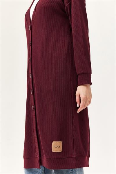 Düğmeli Triko Uzun Hırka Bordo