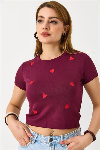 Kadın Kısa Kollu Kırmızı Kalp Baskılı Bordo