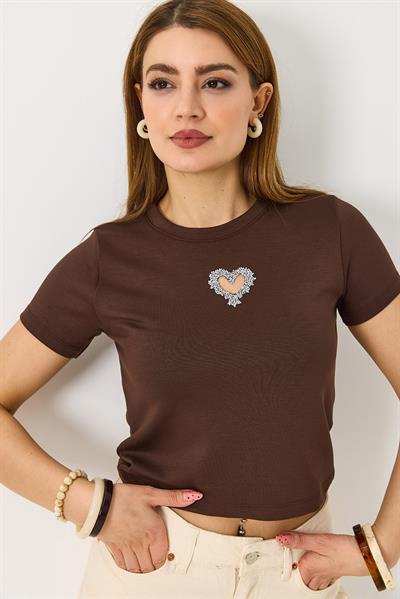 Kadın Taşlı Kalp Detaylı Crop  Bluz  Kahverengi