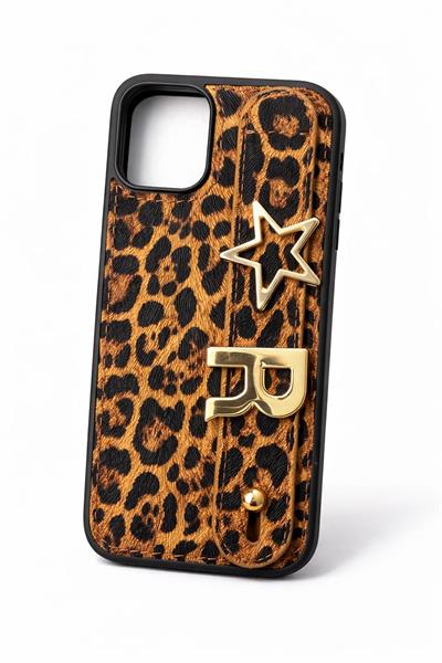 İphone 12 Uyumlu Charmlı ve Harfli Deri Kılıf Leopar 