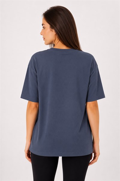 Kadın Bisiklet Yaka Oversize Basic Pamuk Tshirt Antrasit