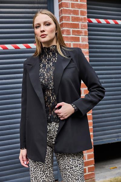 Kadın Arkası İnce Kuşak Bağlamalı  Modern Klasik Blazer Ceket Siyah