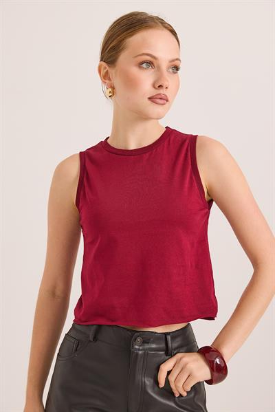 Sıfır Kol Yuvarlak Yaka Havalı Crop Tshirt Bordo