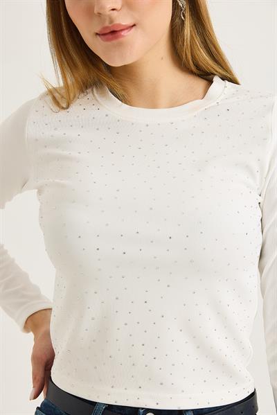 Kadın Ottoman Bisiklet Yaka Taşlı Bluz Beyaz