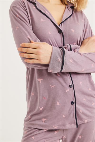 Düğmeli Uzun Kollu Pijama Takımı Lila