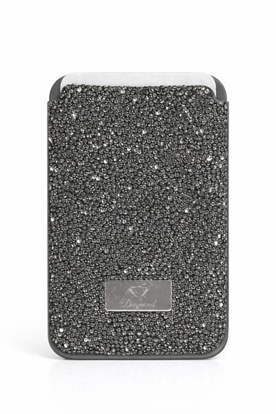 İphone 14 Uyumlu Parlak ve Taşlı Kart Bölümlü Kılıf Antrasit