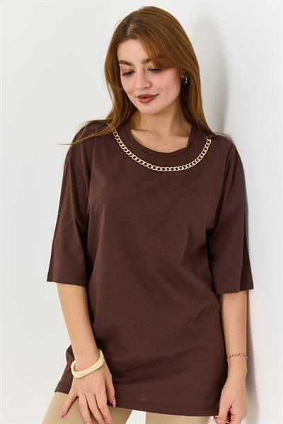 Kadın Yakası Gold Zincirli Bisiklet Yaka Tshirt Kahverengi