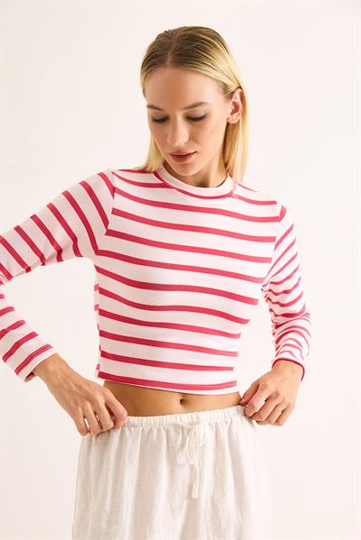 Kadın Çizgi Desenli Crop Bluz Fuşya