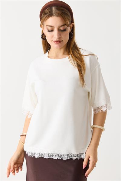 Kadın Kolları Ve Eteği Dantel Detaylı  Düz Modal Tshirt Beyaz