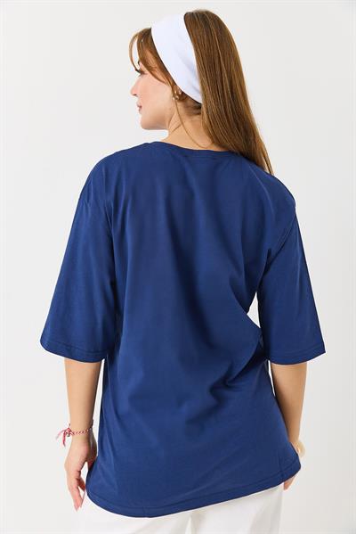 Kadın Kalp Baskılı Bisiklet Yaka Tshirt Lacivert