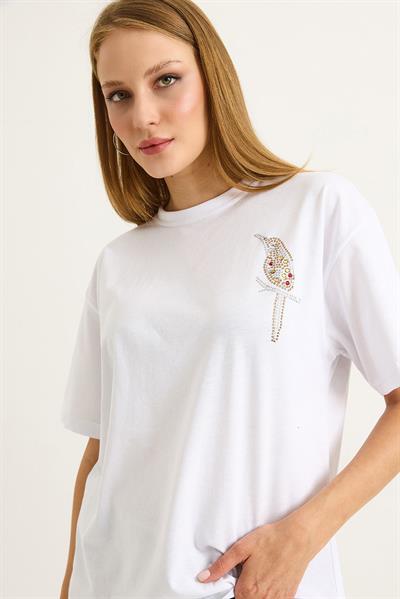 Taş Baskılı Kuş Motifli Bisiklet Yaka Tshirt Beyaz