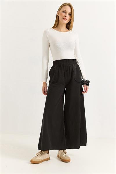 Kadın Pantalon Geniş Paça Cepleri Dikiş Detaylı  Pantalon Siyah