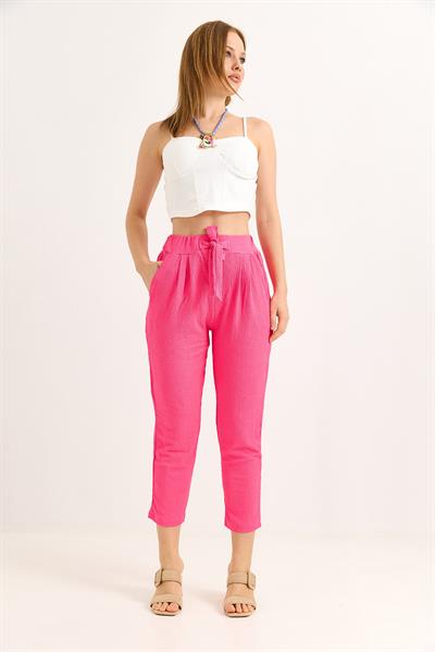 Bağlama Detaylı Bürümcük Örme Pantalon Pembe