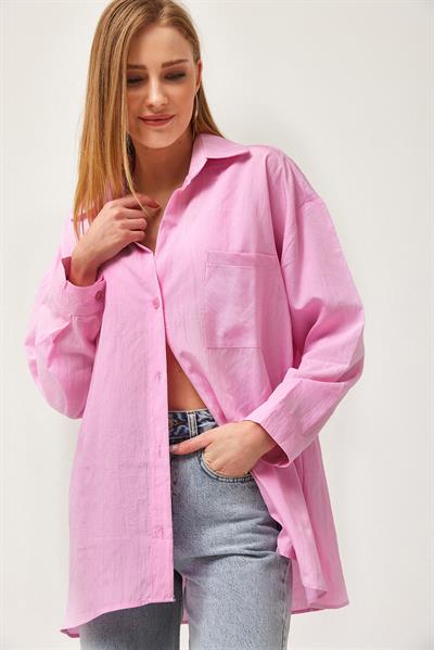 Oversize Cepli Poplin Gömlek Pembe
