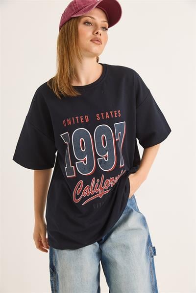 California Baskılı Oversize İki İplik Tshirt Siyah