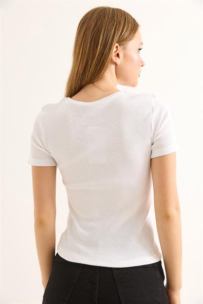 Bisiklet Yaka Kaşkorse Kadın Bluz Beyaz