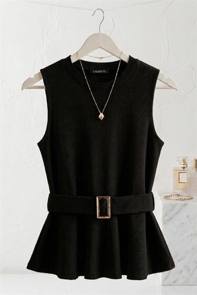 Kadın Toka Detaylı Kaşkorse Bisiklet Yaka Bluz Siyah