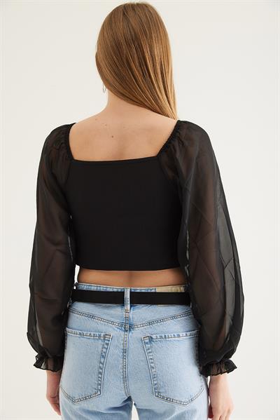 Kare Yaka Kolları Tül Detaylı Fermuarlı Bluz Siyah