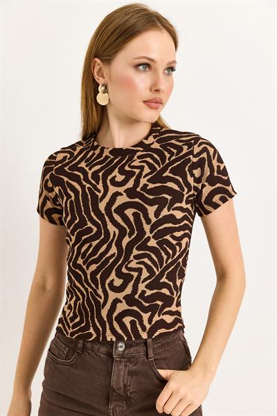 Zebra Desen Fitilli Örme Kumaş Kahverengi Bluz