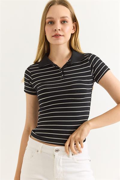 Polo Yaka Çizgi Desenli Kadın Tshirt Siyah