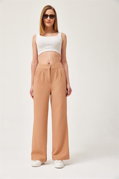 Yüksek Bel Cepli Palazzo Pantolon Vizon