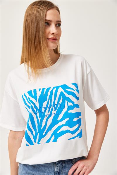 Desenli Bisiklet Yaka Penye Tshirt Beyaz