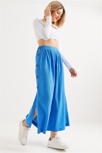 Yanları  Düğmeli  Bol Kesim Keten Pantolon  Mavi