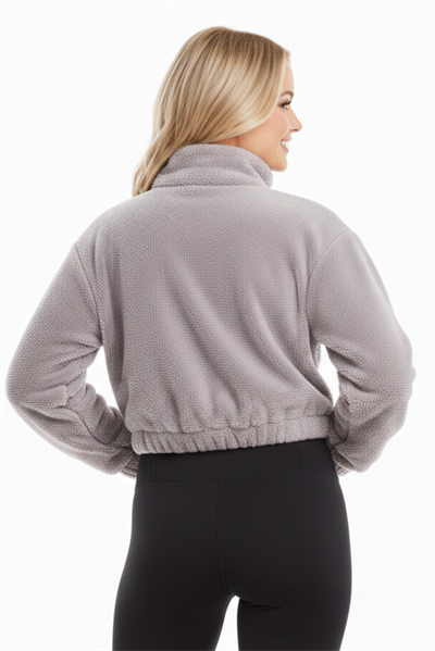 Kadın Yarım Fermuarlı Altı Büzgülü Açık Gri Sweatshirt