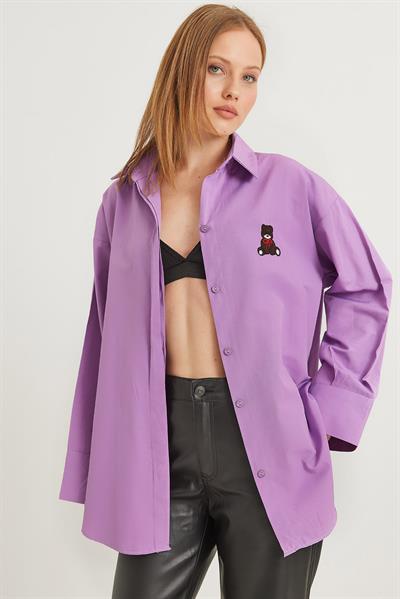 Ayıcık Nakışlı Oversize Basic Gömlek Mor