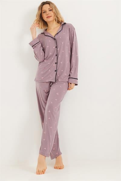 Düğmeli Uzun Kollu Pijama Takımı Lila