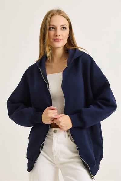 Kadın Oversize Kapüşonlu Fermuarlı Hırka Lacivert