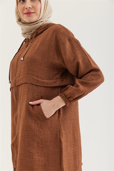 Araboy Kapşonlu Keten Kap Kahverengi