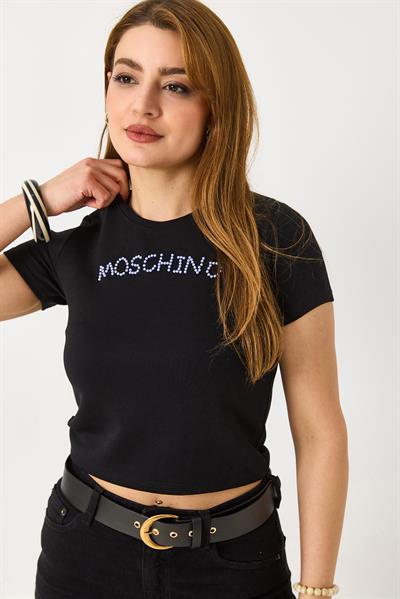 Kadın Taş Baskı Detaylı Crop Bluz Siyah