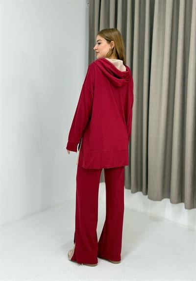 Kadın Paça Detaylı Kapüşonlu Oversize Eşofman Takım Kırmızı