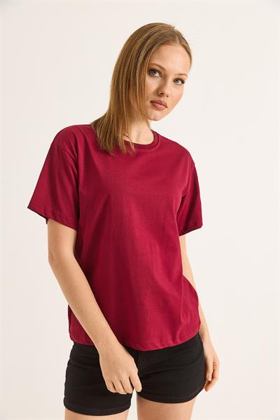 Bisiklet Yaka Kısa Kollu Fit Tshirt Bordo