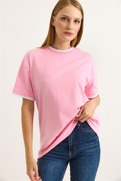 Bisiklet Yaka Kolları Garnili Kadın T-shirt Pembe