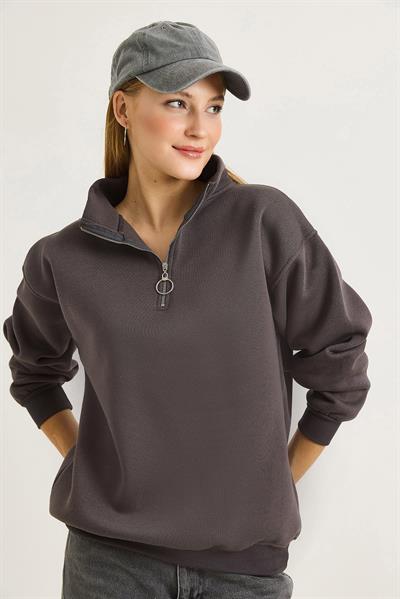 Kadın Yaka Fermuarlı 2 İplik Sweatshirt Füme