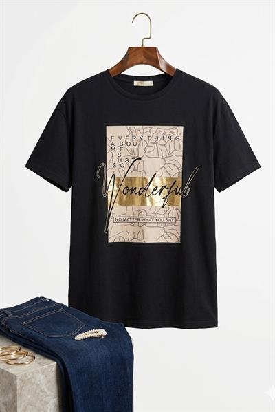 Kadın Bisiklet Yaka Baskılı Tshirt Siyah