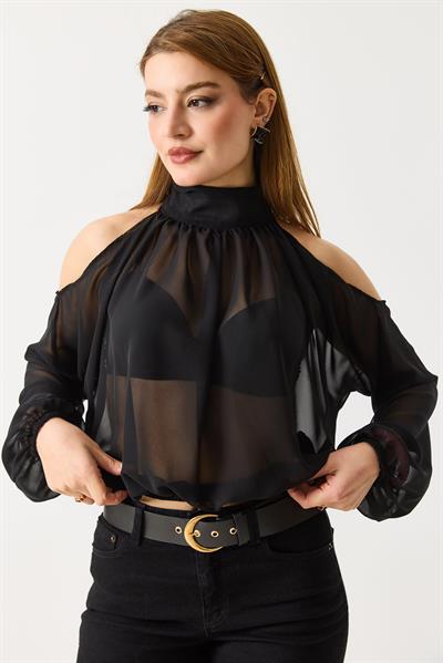 Halter Yaka Full Transparan Omuz Dekolteli  Bluz Siyah