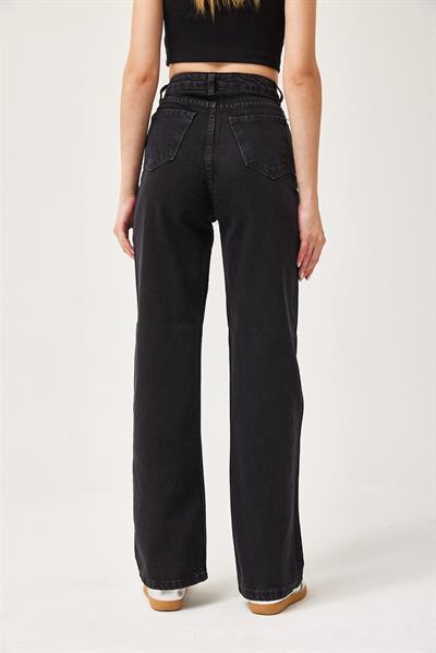 Yüksek Bel Düğmeli Wide Leg Jean Siyah