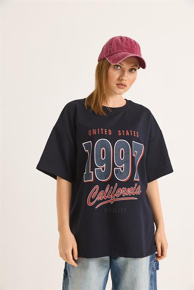 California Baskılı Oversize İki İplik Tshirt Siyah