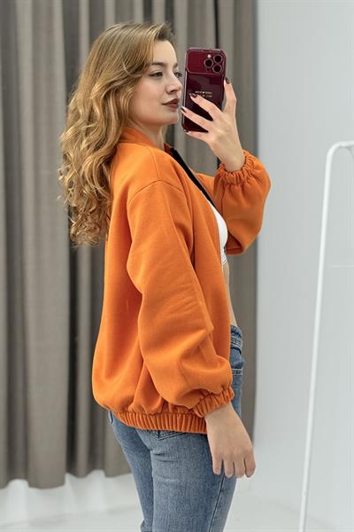 Üç İplik Şardonlu Turuncu Beli Lastikli Fermuarlı Hırka