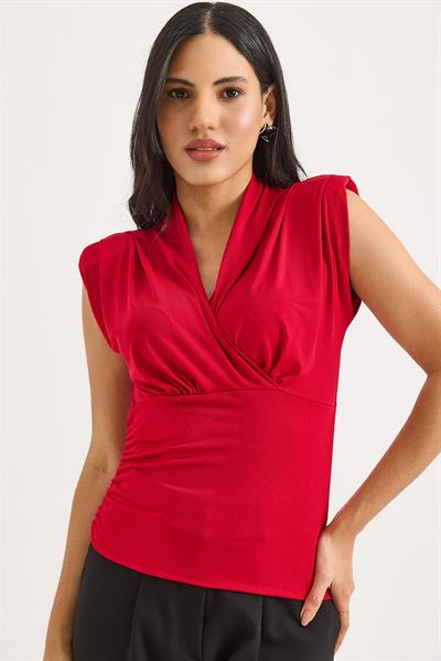Kruvaze Yaka Vatkalı Sıfır Kol Bluz Kırmızı