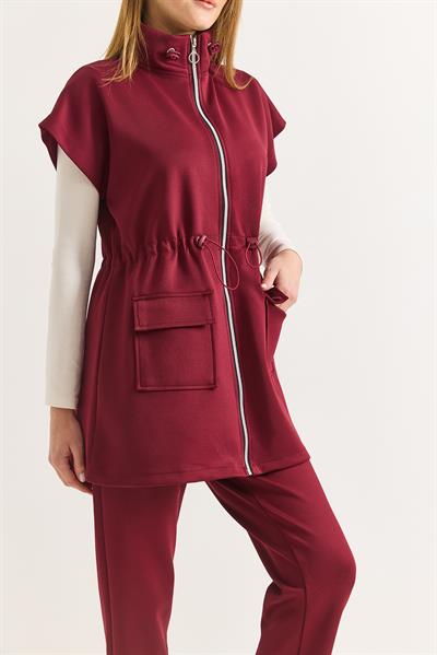 Kadın Beli Lastik Detaylı Scuba Pantalon Yelek Takım Yağ Bordo