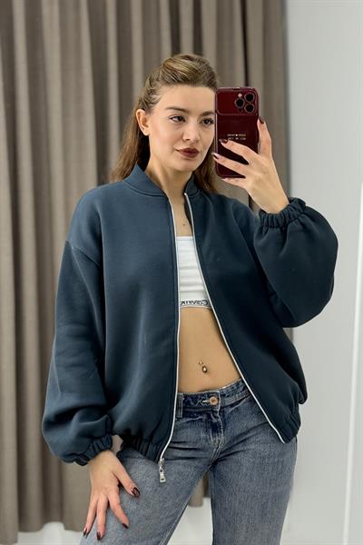 Üç İplik Şardonlu Antrasit Beli Lastikli Fermuarlı Hırka