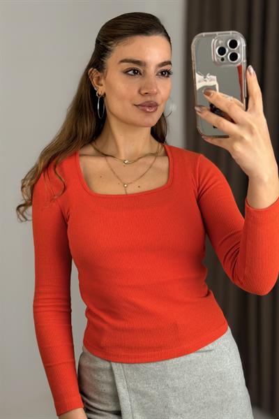 Kadın Fitilli Kare Yaka Uzun Kollu Bluz  Turuncu