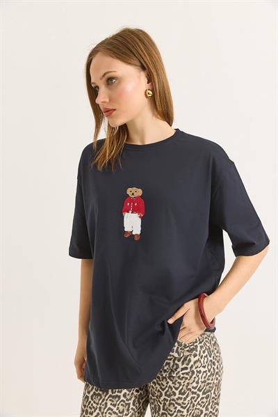 Ayıcık Nakışlı Rahat Kalıplı Tshirt  Antrasit