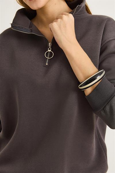 Kadın Yaka Fermuarlı 2 İplik Sweatshirt Füme