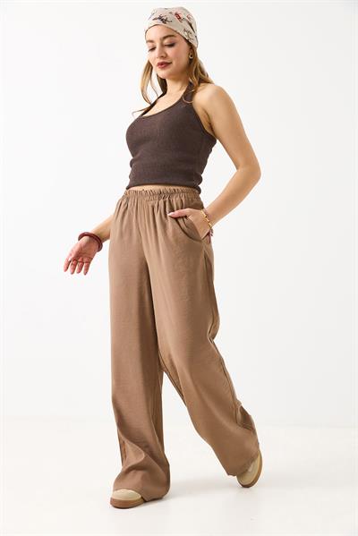 Kadın Bol Kesim Tensel Kumaş Beli Lastikli Kahverengi