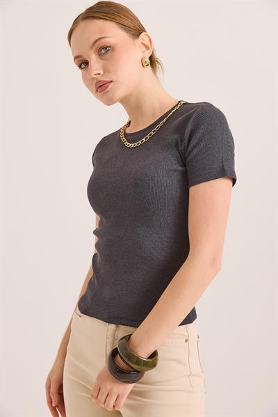 Yuvarlak Yaka Zincir Detaylı Örme Kaşkorse Bluz Füme